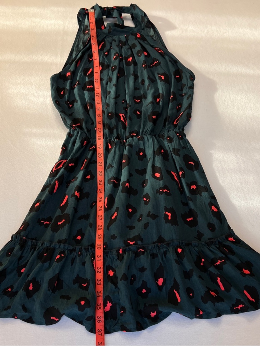 Womens Green Leopard Print Halter Neck Dress Sleeveless Ruffle Hem Mini Summer - Picture 4 of 6
